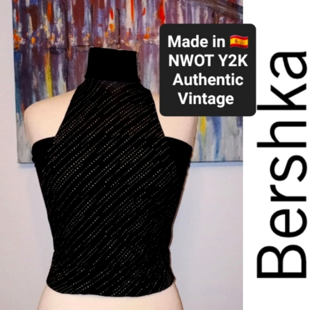 NWOT Vintage Bershka Cold Shoulder Sparkle Top, Black Metallic, RARE 2003